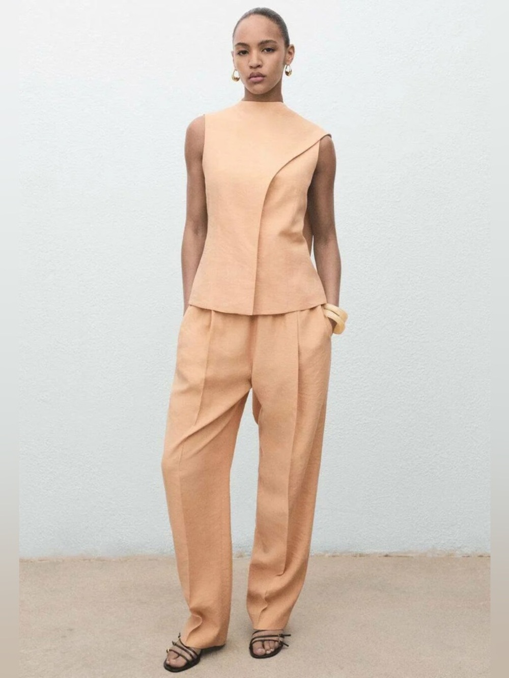 MANGO Set ! Peachy Nude Pants Set Sleeveless Tailored Wide-Leg Top Lyocell S/M